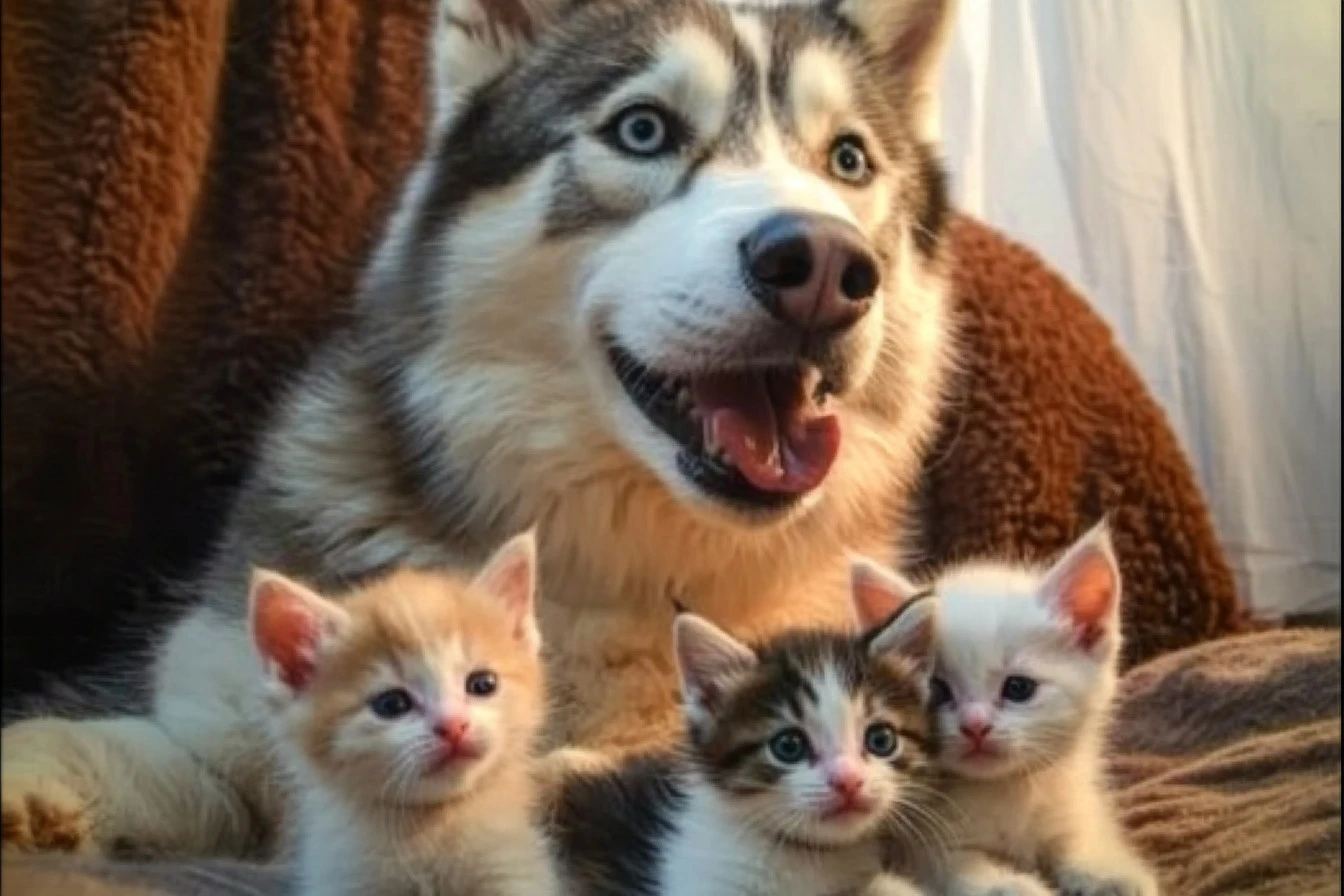 Husky and kittens