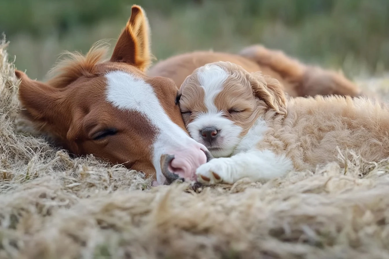 Nap Between Puppy And Newborn Foal
