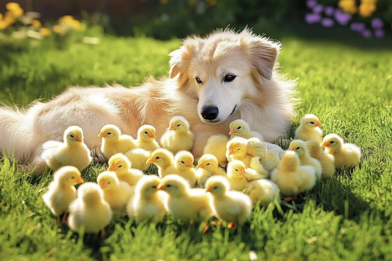 3 dogs and a chick​