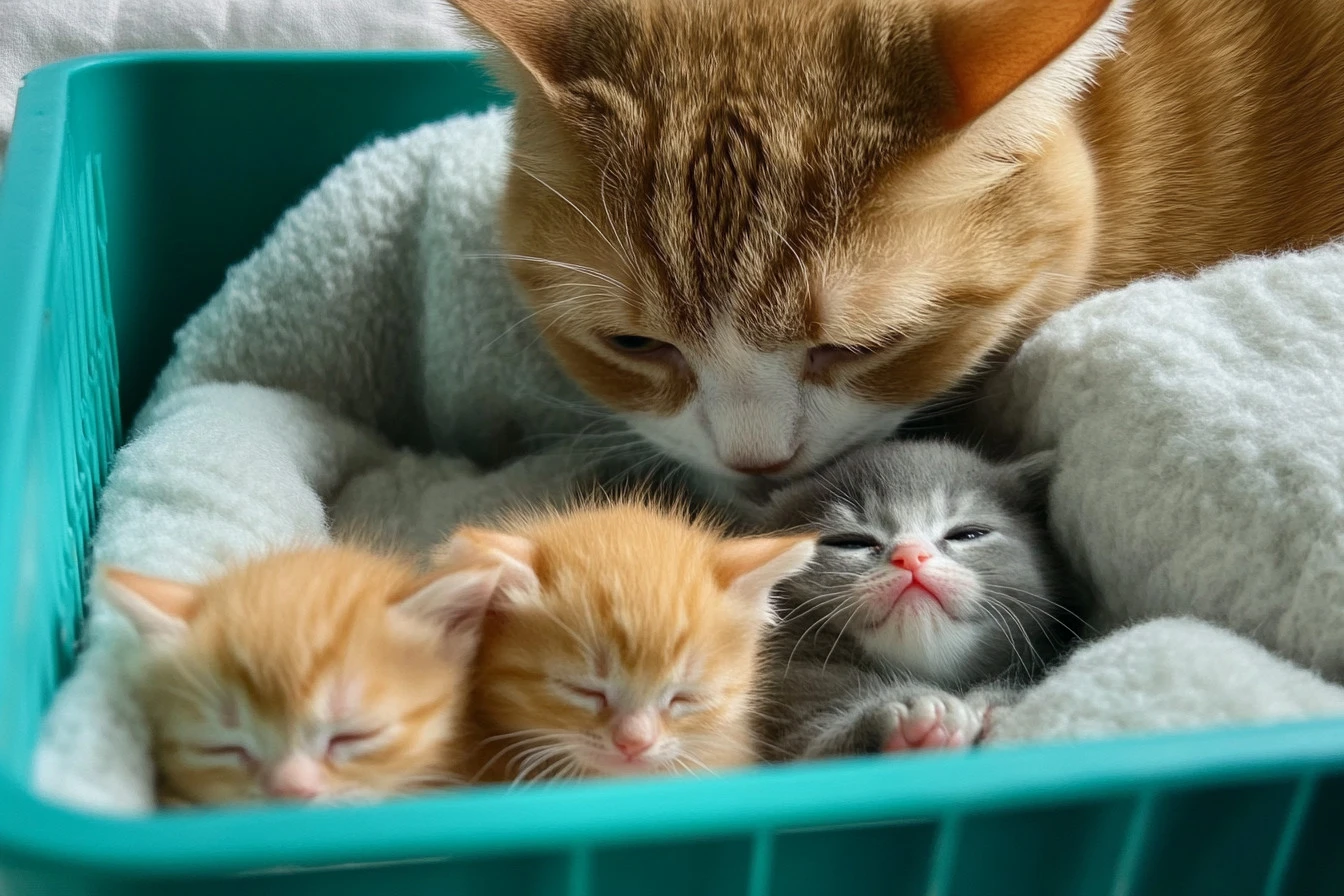 mom and dad cat with kittens​